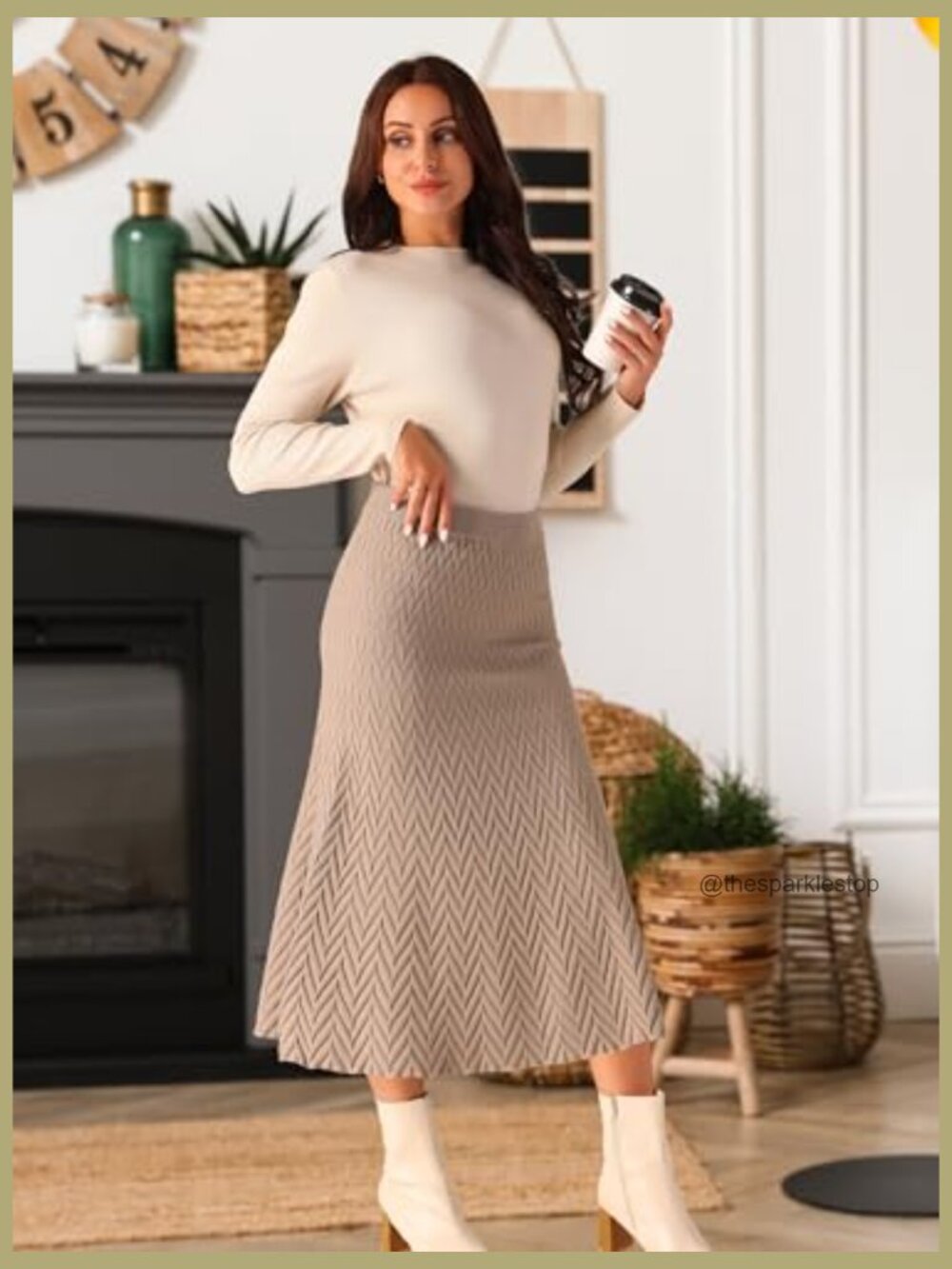 Ribbed Knit A-Line Midi Skirt High Waist Stretchy Sweater Skirt - Picture 3 of 7